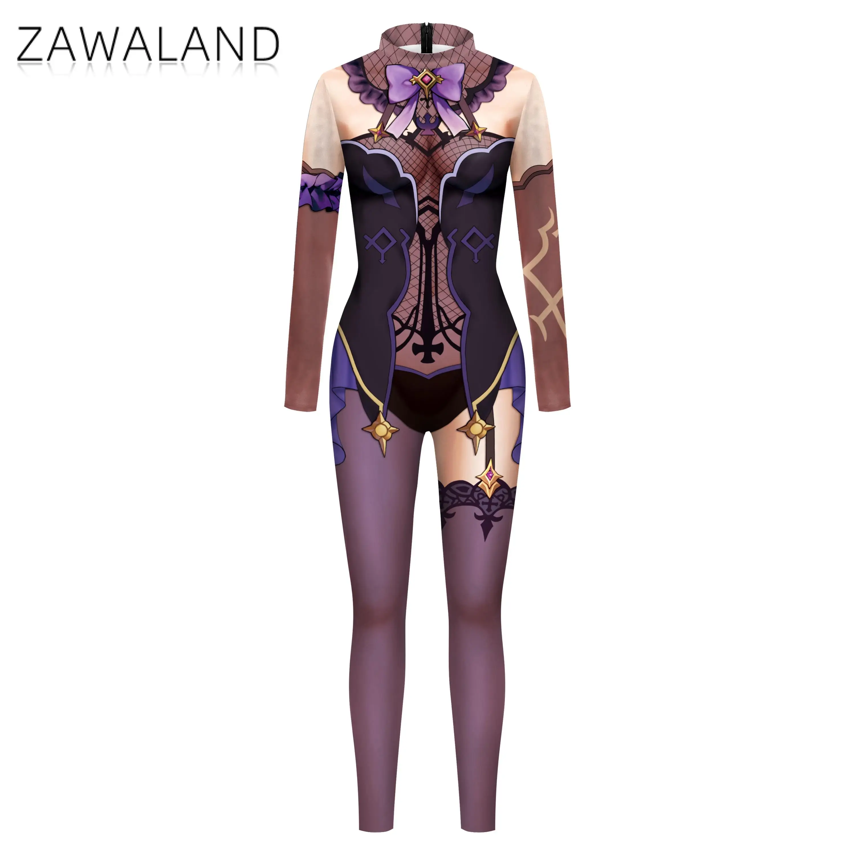 Zawaland Anime Print Cosplay Costumes Women Sexy Zentai Suits Long Sleeve Game Adult Elastic Skinny Jumpsuits Fashion Bodysuits