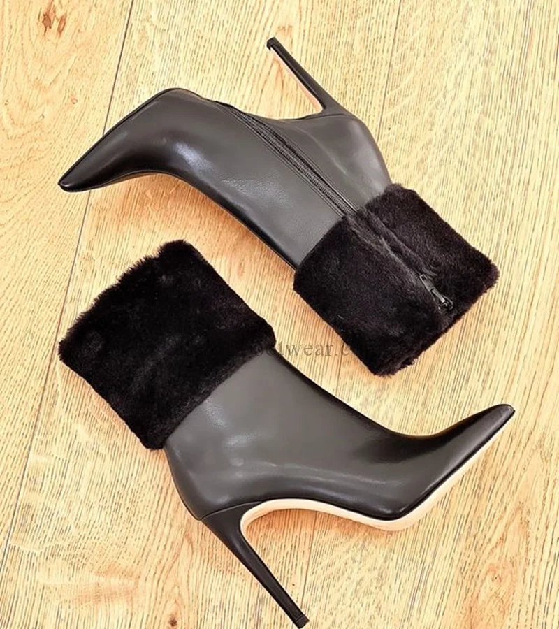 Pointed Toe Leopard /Zebra Print Sexy Ankle Boots Women Black Fur Leather Thin High Heels Big Size Booties Luxury Designer Shoes image 5