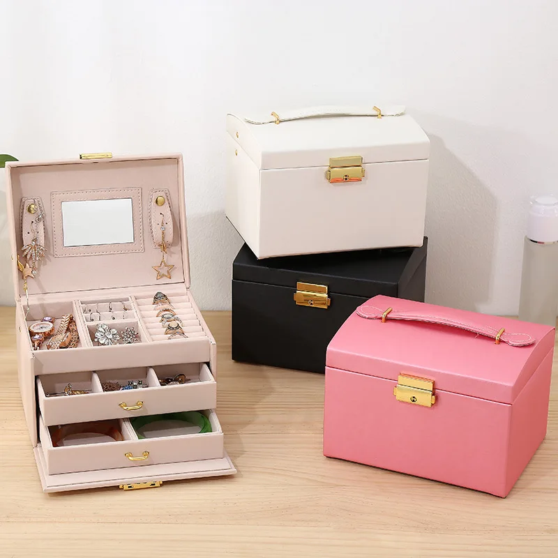 Three-layer Jewelry Organizer Display Holder Double Drawer PU Leather With Lock Storage Case Necklace Earrings Ring Storage Box