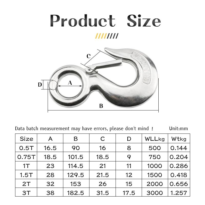 S320 Stainless Steel Hoist Cargo Hook Lifting Chain Eye Rotatable Ring Claw With Lock Working Load WLL 0.5T/0.75T/1T/1.5T/2T