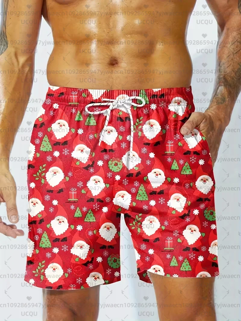 الرجال عيد الميلاد سروال سباحة قصير الأحمر والأبيض ندفة الثلج وهولي طباعة سريعة الجافة بحر عطلة الصيف عطلة هاواي السراويل #2
