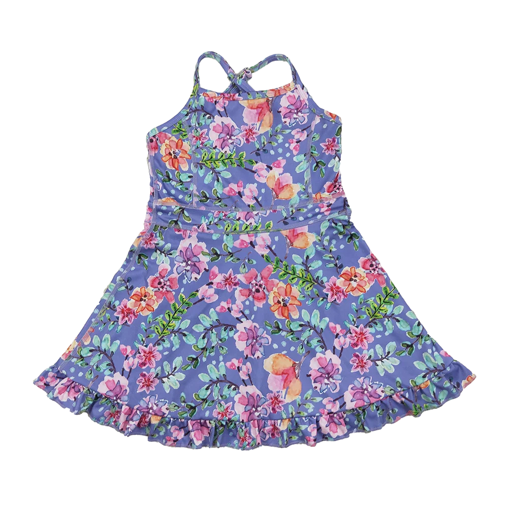 

9.3 Летние платья для маленьких девочек Платья длиной до колена с фиолетовыми ремешками и цветочным принтом для девочек