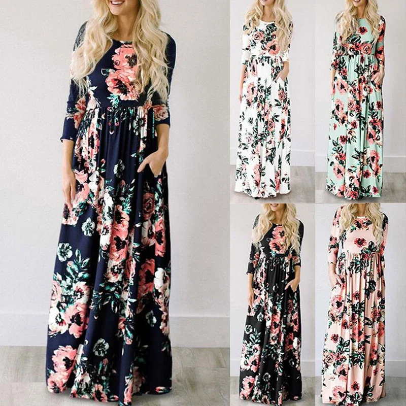 Summer Maxi Dress Women  Pink Floral Print Boho Beach Dress Ladies Evening Party Long Dress Sundress Vestidos de festa 3XL