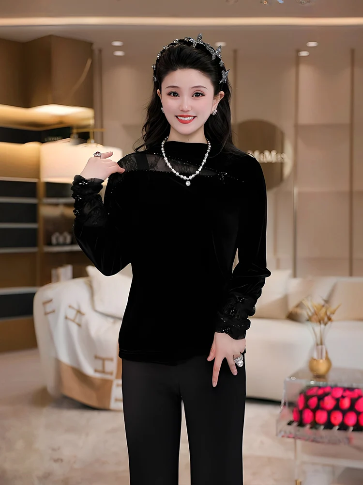 

Chic Velvet Long Sve Base irt Women's Spring New Sle Inner Wear Top Slimming Design Casual Faion Ladies T-irt