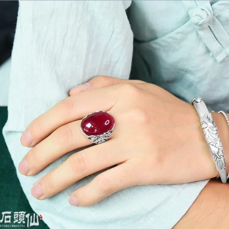 

New Red Agate Chalcedony Ancient Silver Color Open Ring Female Crown Rhinestone Ring Hollow Butterfly Adjustable