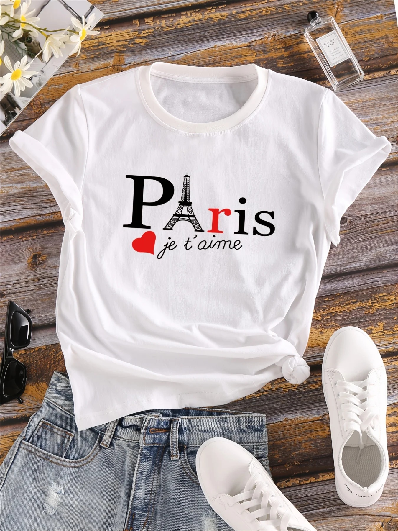 Paris Letter Print Crew Neck Women T-Shirts Casual Short Sleeve T-Shirt Casual Every Day Top Women\'s Clothing Female Tops Tees