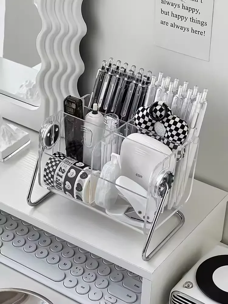 Transparent Acrylic Storage Box Rotating Stationery Storage Box 6-compartment Desktop Sundries Organizer