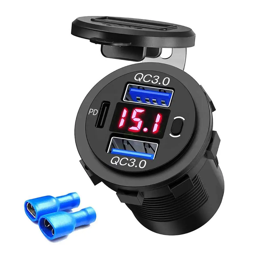 

QC3.0 PD USB Car Charger Socket Waterproof Cover Fast Chargeing With Voltmeter Switch Power Outlet 12/24V Quick Charge Adapter