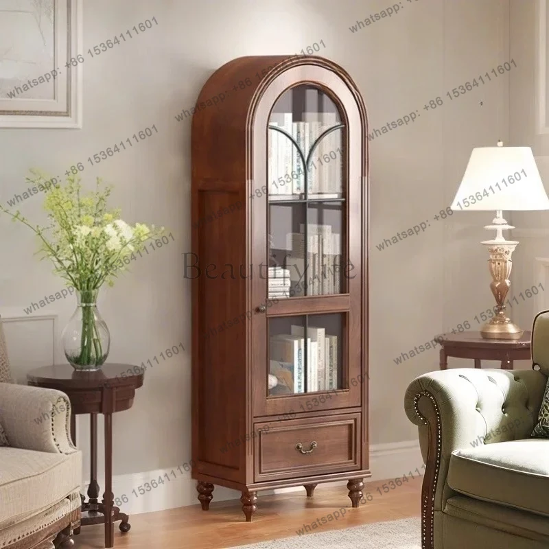 Libreria a porta singola per appartamento retrò americano in legno massello ad arco con porta in vetro vetrina per vino da studi