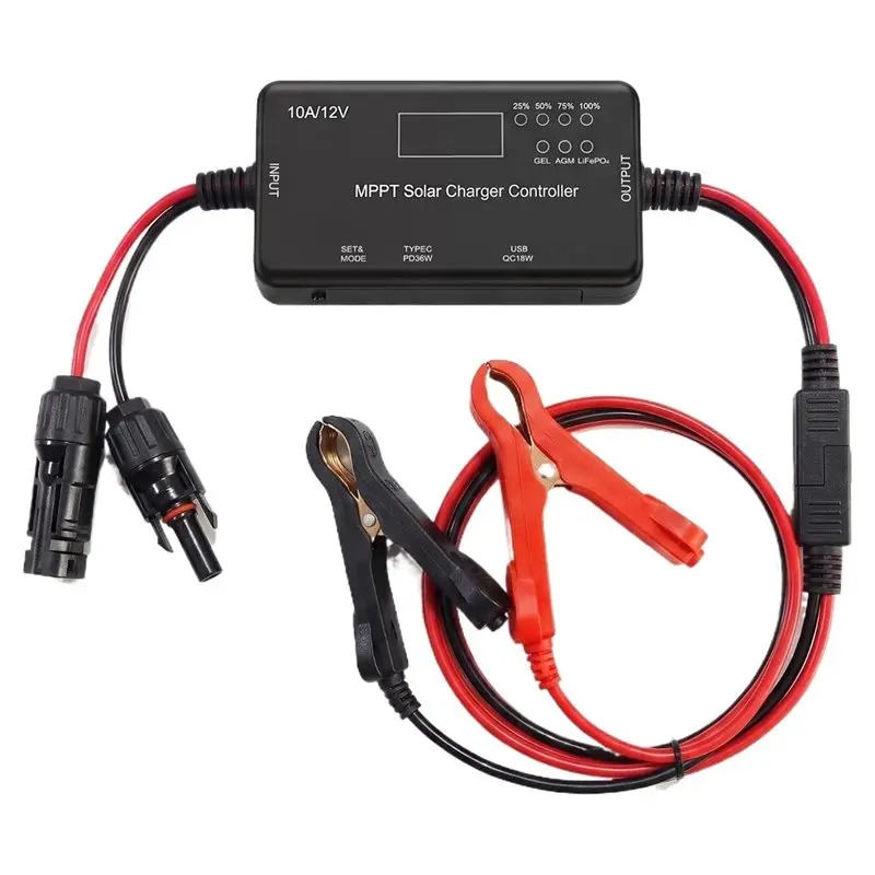 DTA4-10A 12V MPPT Solar Charge Controller With SAE On Alligator Clip,PD 36W USB-C,QC 18W USB,For AGM,Gel Batteries,Motorhomes