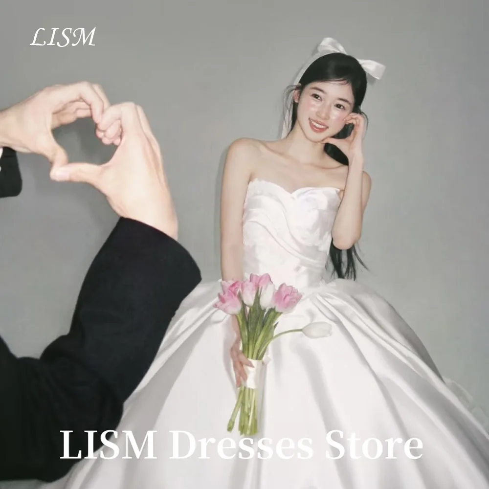 

LISM Sweet White A-Line Korea Wedding Dresses Photo Shoot Soft Satin Strapless Floor Length Bridal Gowns웨딩드레스Customized Corsets