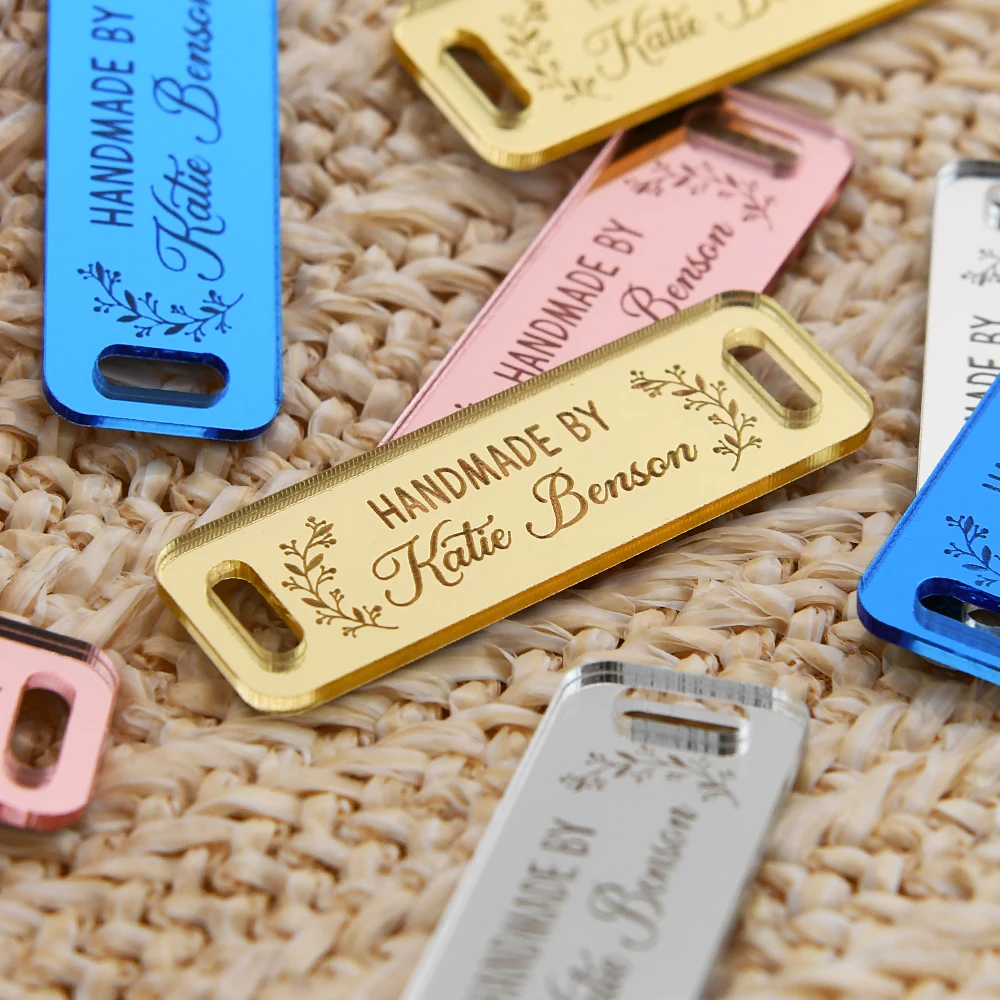 

Custom Mirror Acrylic Tags Laser Engraved 0.59"x1.77" Eco MOQ 50 DIY Crafts Hats Apparel Decor Custom Logo