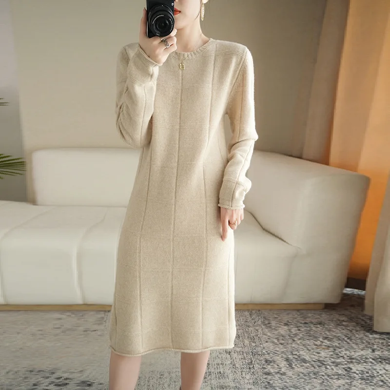 round Neck 100% Pure Wool Knit Female Mid-Length Overknee Woolen Skirt Autumn and Winter Loose Slimming Bottoming Dress