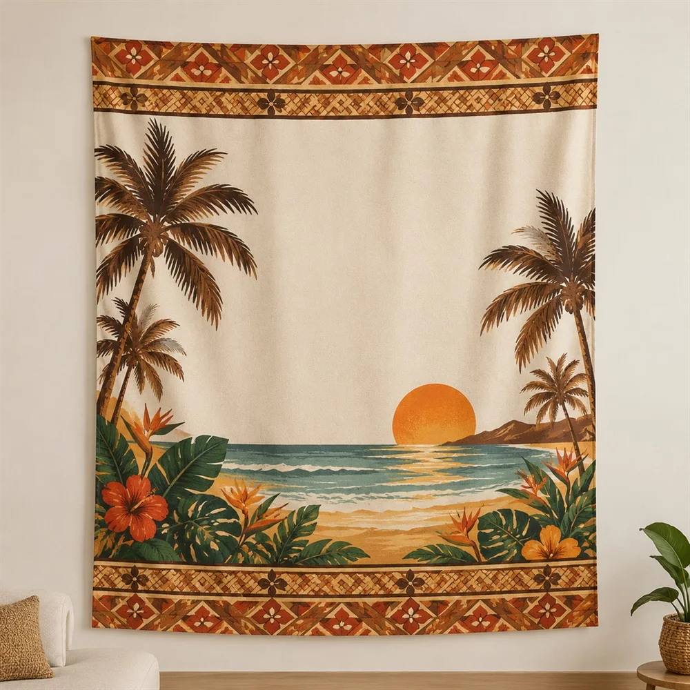 VIKAMA Palm Beach Sunset Twin Bands Tapestry Wall Hanging, Tropical Wall Decor Tapestries for Living Room Bedroom Office Study