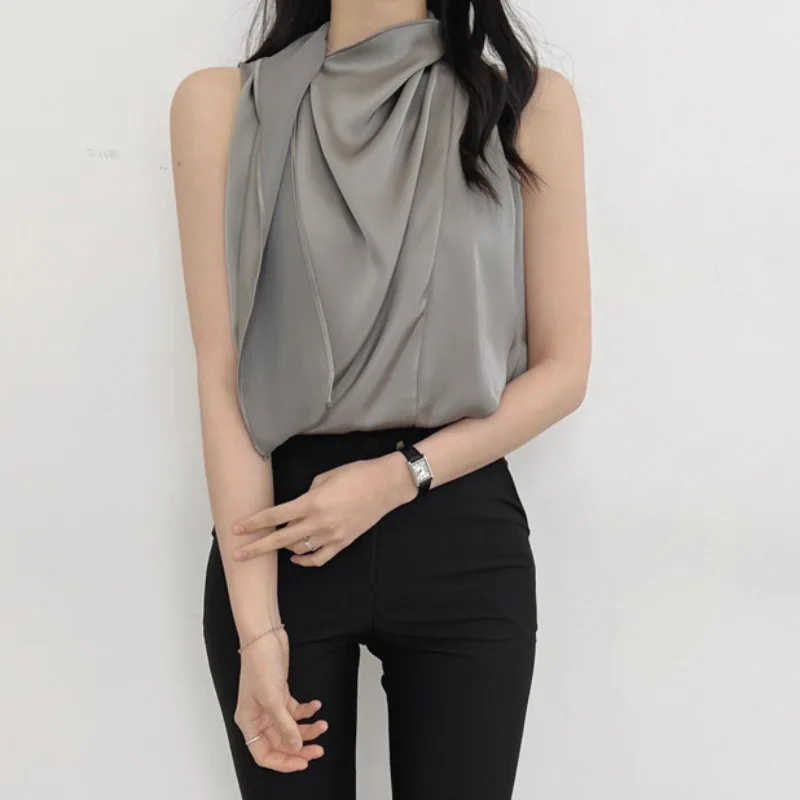 Temperament Sleeveless Top Summer Satin Scarf Style Suspender Shirt Tanks Blouse Women Blusas Mujer Camis Lady Shirts