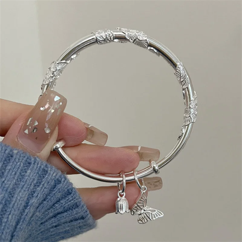 Floral Butterfly Push Pull Adjustable Bangle Heart Shaped Bamboo Link Cherry Blossom Rose Opening Bracelet Fashion Jewelry