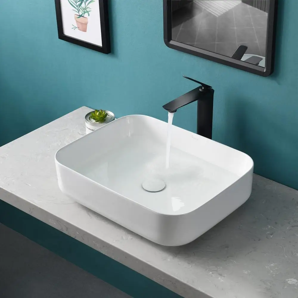 Rectangle Bathroom Sink Above Counter White Porcelain Ceramic Vessel 20'' x 16'' Elegant Modern Design Easy to Clean Solid