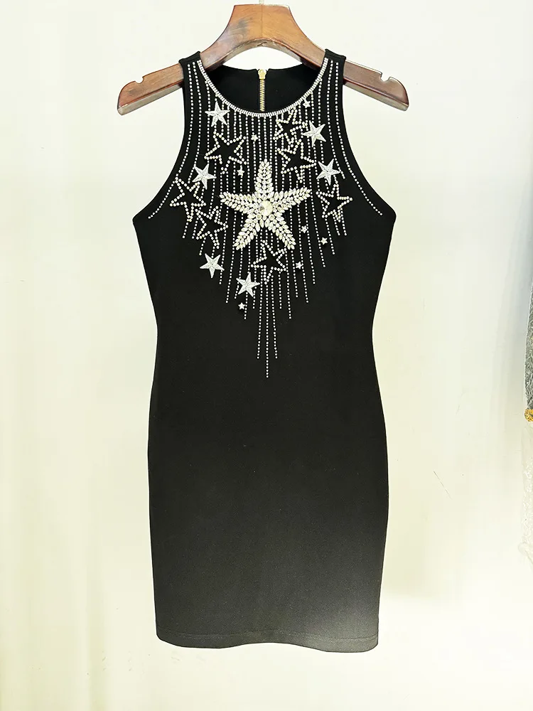 HIGH STREET Newest 2024 Fashion Stylish Designer Women\'s Diamonds Beaded Stretchy Tank Dress