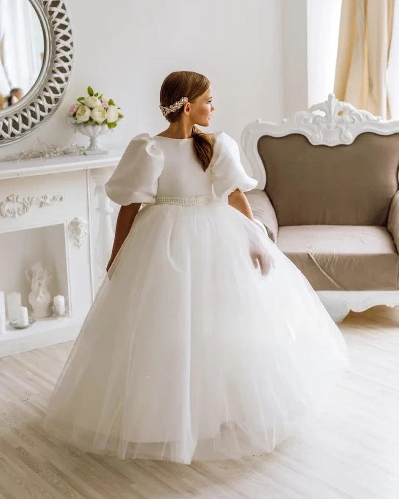 Атласное платье-пачка принцессы для девочек-цветочниц, фатиновое платье цвета слоновой кости со шлейфом, бальное платье для девочек, платья для вечеринок и свадеб