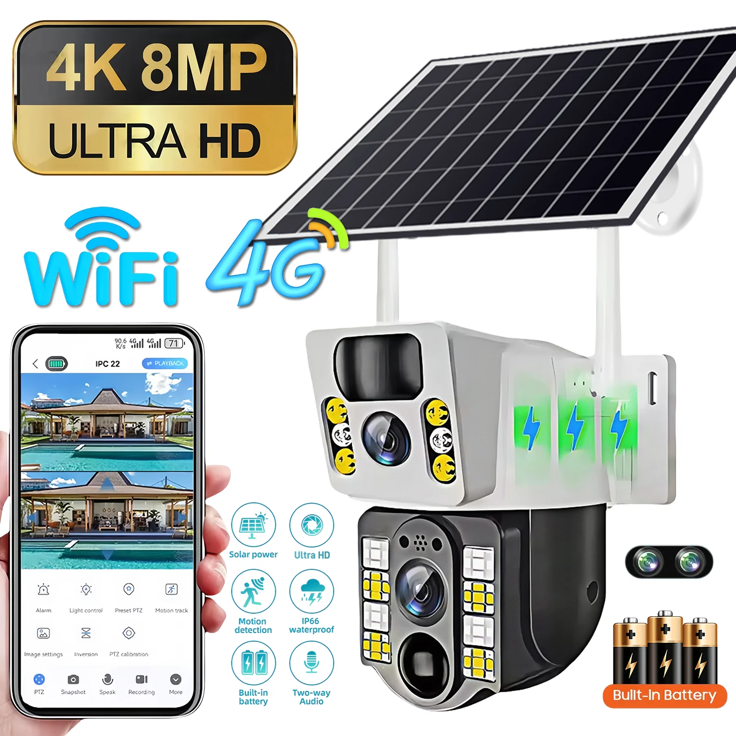 4G / WiFi Solar Camera Dual Lenses Outdoor 8MP 4K Low Power Battery IP Camera PIR Night Vision V380 Pro CCTV Security Protection
