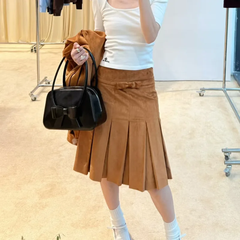 2025 Autumn Winter New Wool Blend Pleated Skirt Bow Decor Women Office Skirt  y2k skirt