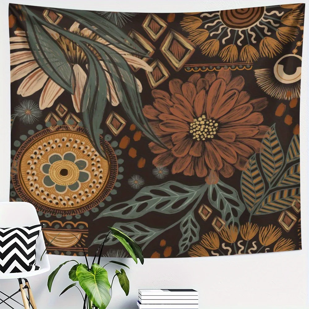 1pc Tapiz Floral y Geométrico - Marrón/Beige//Azul Verdoso/Blanco/Gris/Naranja/Verde, Tela Suave Color Melocotón Beige para Colg