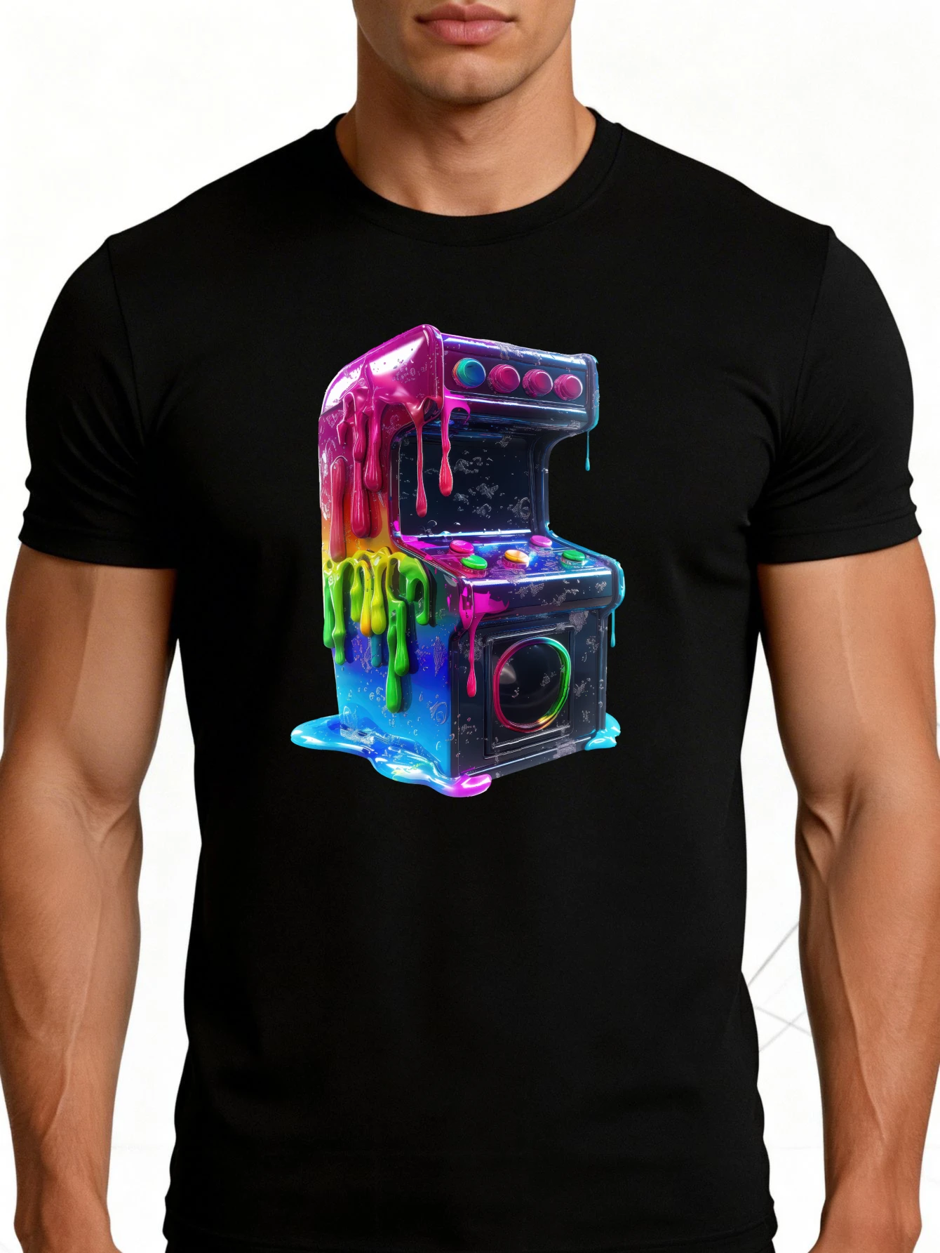 Retro Arcade Game Design Men's T-Shirt Colorful Paint Drip Art Summer Casual Wear Gift for Gamers and Tech Enthusiasts