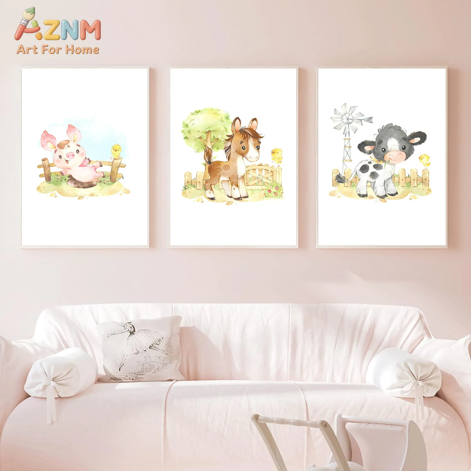 3PCS Watercolor Farm Animals Canvas Wall Art Prints Set, Cute Pig Horse Cow with Little Duck Nursery Decor Posters, No Frame Sof