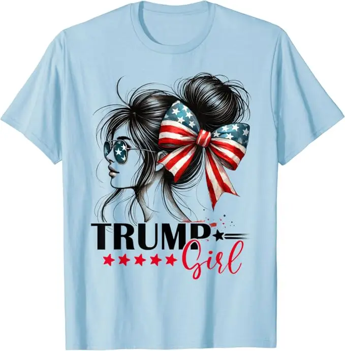 Trump Girl Messy Bun Sunglasses Trump 2024 USA Flag T-Shirt Women\'s Fashion Aunt Mama Novelty Gift Funny Pro Trump Campaign Tees