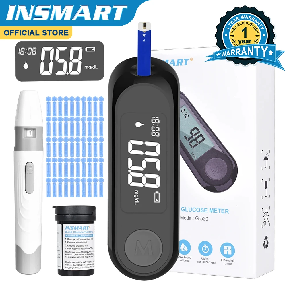 INSMART-Kit de lecteur de glycémie, glucomcirculation, testeur ty.com, 50 bandelettes de test, lancettes, compteur de sucre médical