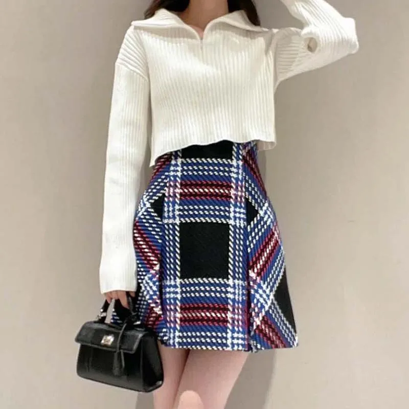 Kuzuwata High Waist Slim Contrast Color Plaid Mini Skirt Kawaii Autumn Winter Japanese Jupe Harajuku Faldas Mujer Moda 2023