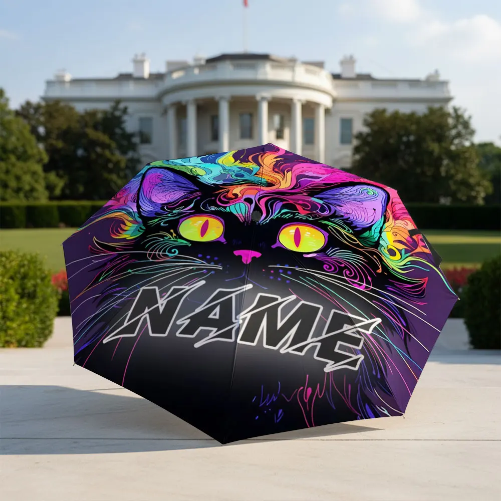 Custom Name umbrella, Psychedelic Rainbow Cat with Neon Colors Umbrella Design Fashion Folding Umbrella for Daily Use, Gift