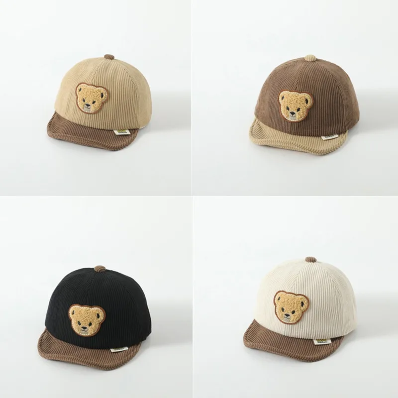 

New Autumn Winter Corduroy Baby Baseball Hat Korean Style Plush Bear Kids Sun Hat Fashion Curved-Brim Baby Bucket Cap Bonnet