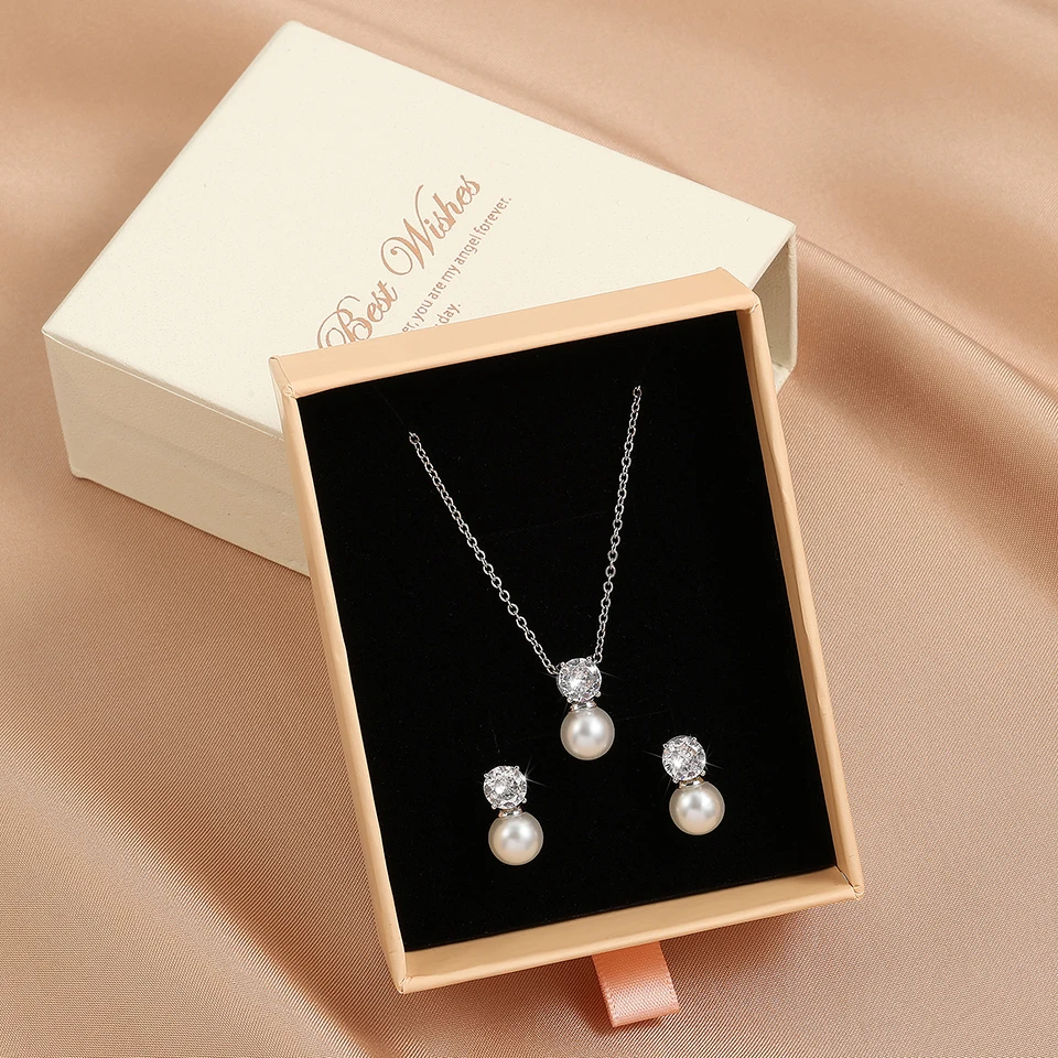 ZAKOL Trendy Round Simulated Pearl Stud Earrings Necklace Set for Women Simple Sliver Color Cubic Zircon Bridal Party Jewelry