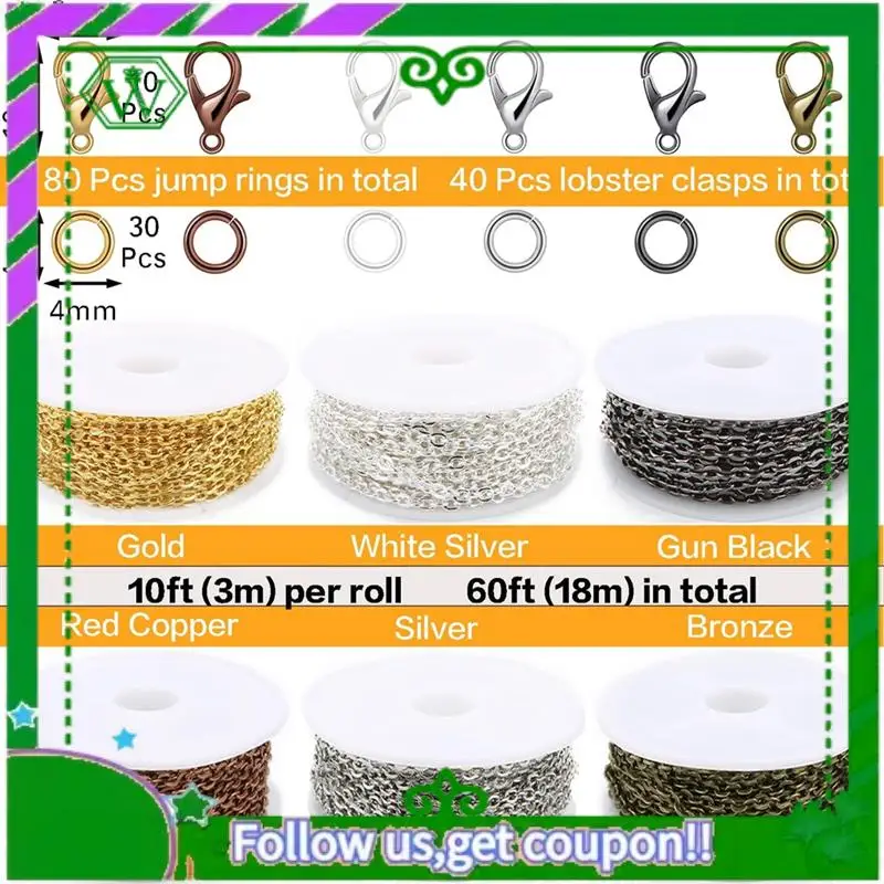 

A18P-Chains Jewelry Making Supplies, 9.8Ft Cable Link Chains For Making Jewelry Necklace Earring Bracelet Findings DIY Kit