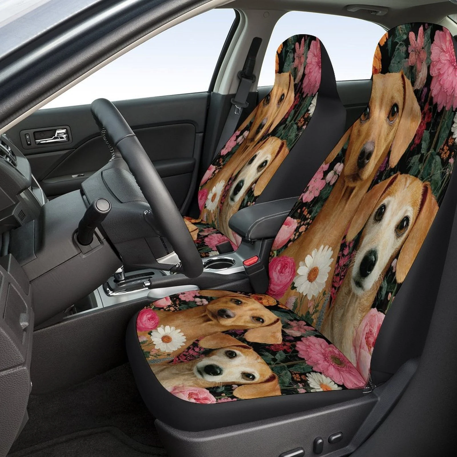 Set Of Car Seat Covers Featuring Floral Dog Portraits, Designed To Fit Most Vehicles. These Stylish And High-Quality Protectors