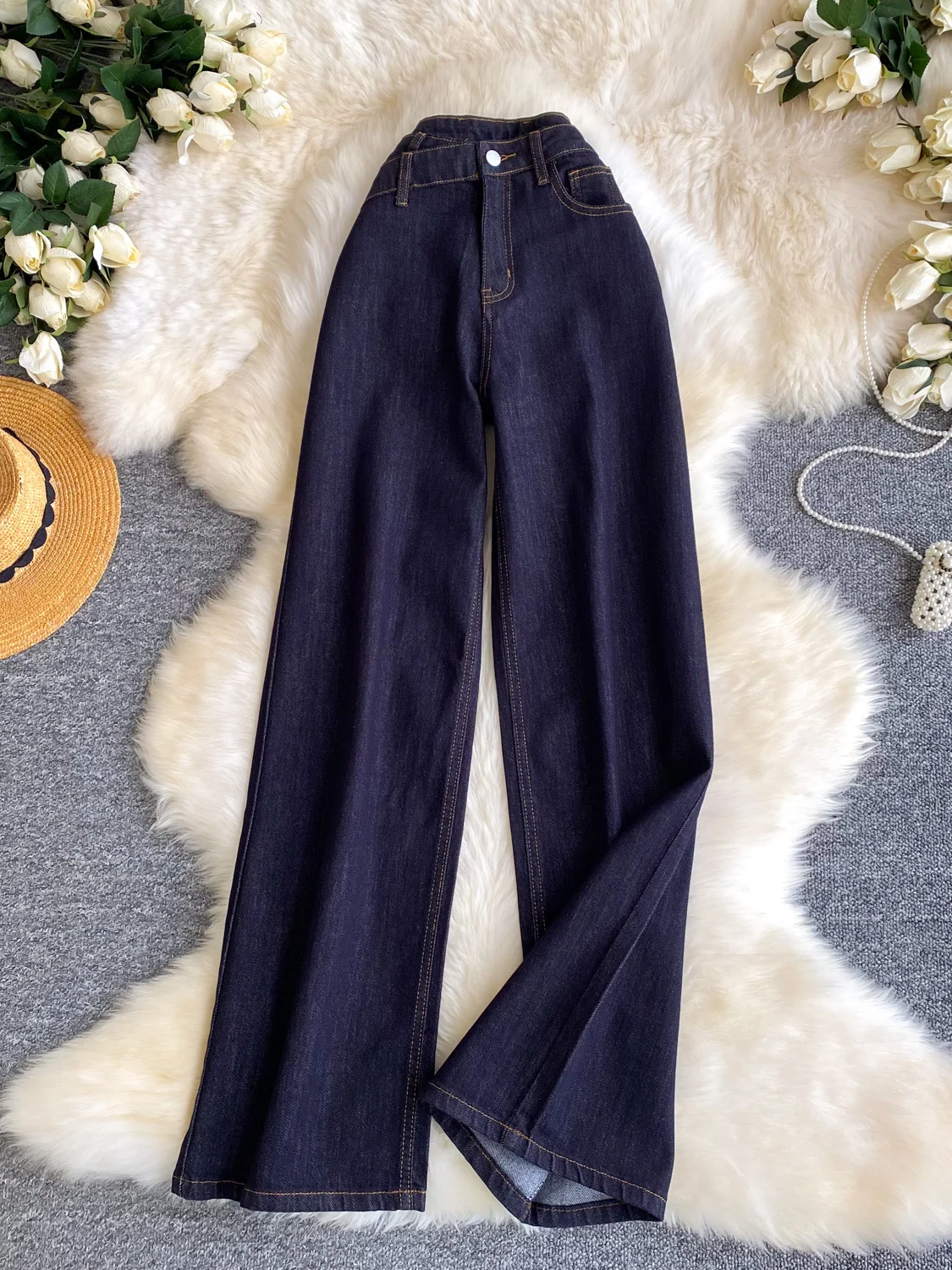

High Waist Embroidered Casual Denim Jeans Women's Spring Versatile Deep Color Slim Loose Wide Leg Straight Long Pants