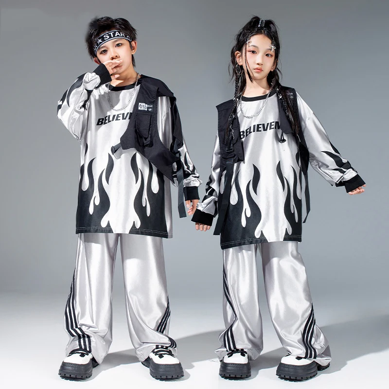 Children Jazz Hip Hop Dance Costume Silver Tops Pants Long Sleeves Baggy Street Wear Boys Drum Show Clothing Girls Suit BL14165