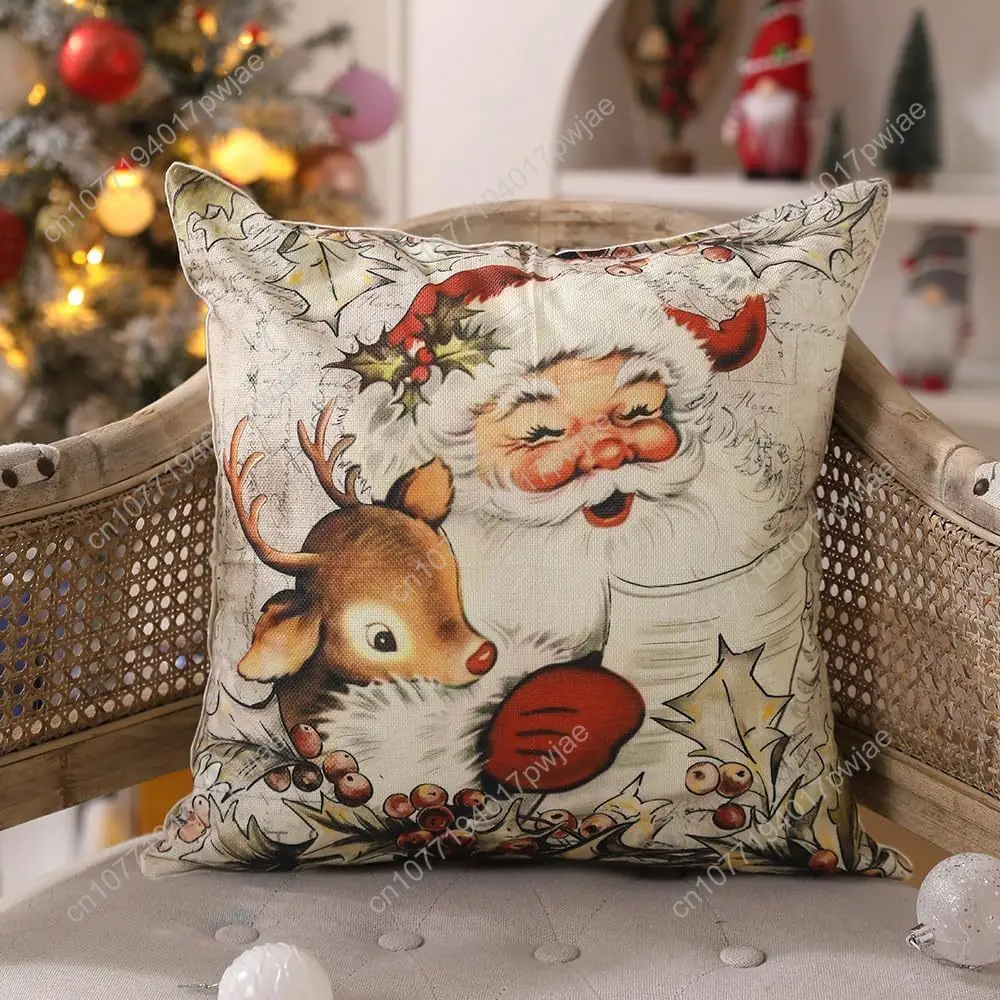 DFXSZ Christmas Pillow Covers 18x18 inch Set of 4 Santa Claus Reindeer Decorative Vintage Throw Pillow Covers Winter Retro Farmh