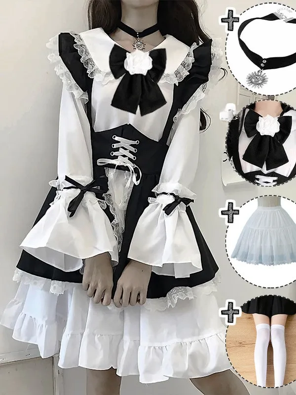 

Cute Japanese Style Lolita Maid Uniform Set Women's Dress Restaurant Waitress Outfit Soft Girl Double Second Hand Big Sister
