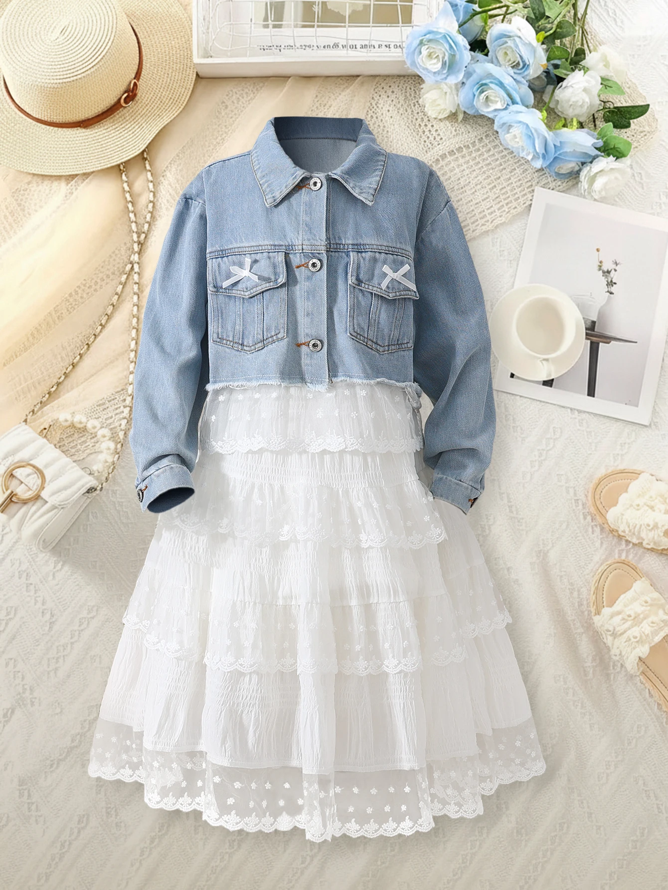 

Комплект из 2 предметов: джинсовая юбка с кружевом для девочек, милый, стильный и элегантный, детская одежда