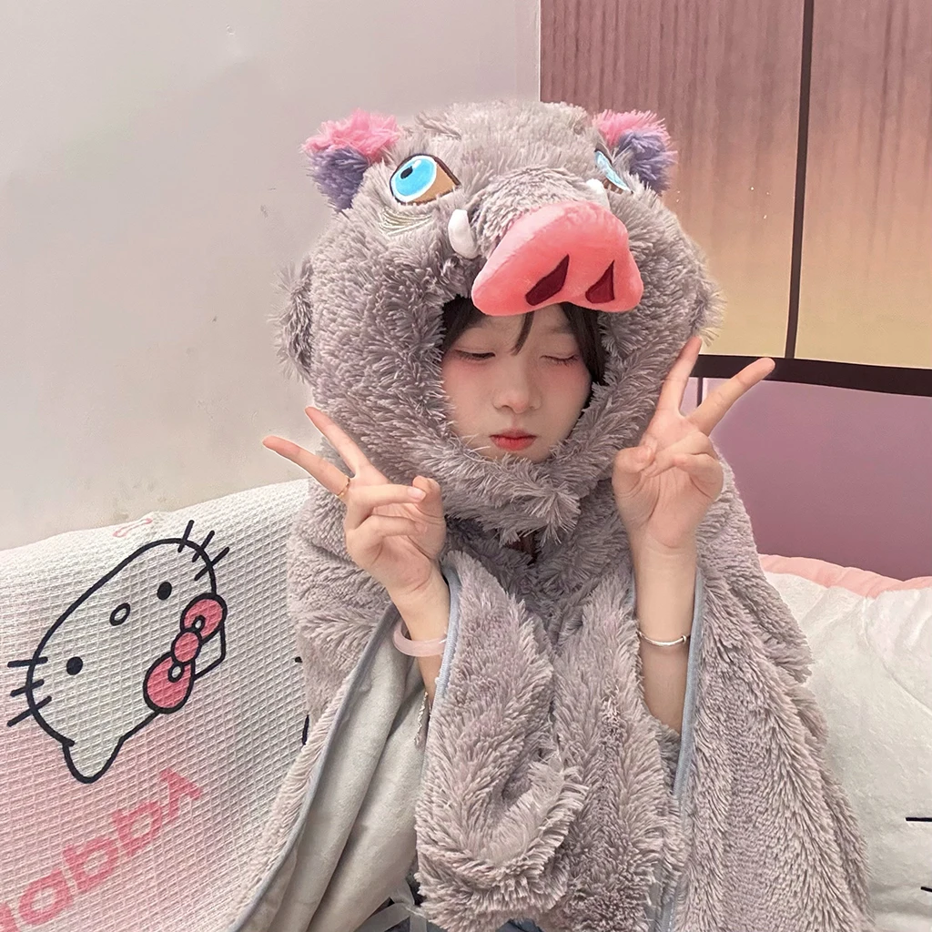 

Очаровательное одеяло с капюшоном «Убийца демонов» из дикого кабана, мягкая фланелевая одеяло Hashibira Inosuke, носимый плащ, одеяло, рождественский подарок для девочки