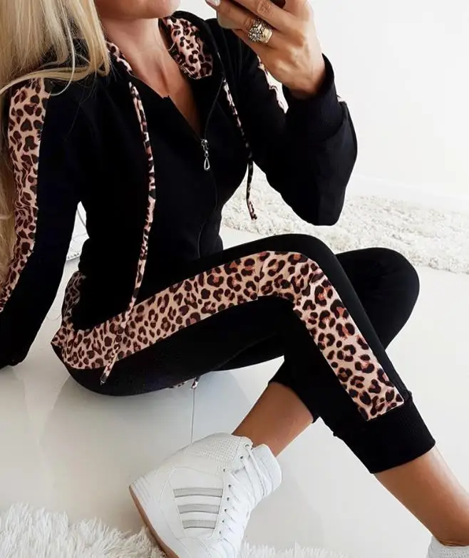 Tracksuit 2 Piece Sets Women Outfit 2023 Autumn/winter New Casual Leopard Print Zipper Design Drawstring Hooded Top & Pants Set