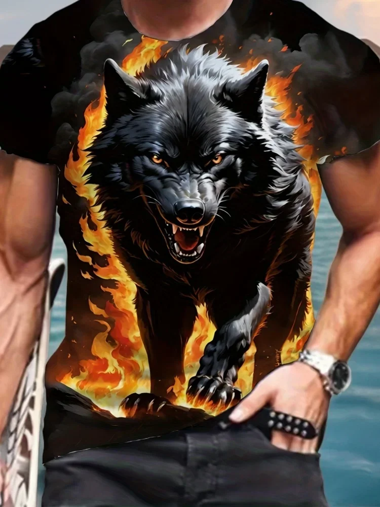 

3D Fire Wolf Print T-shirt for Men, Summer Plus-size Casual T-shirt, Men's Fitness Fashion Short-sleeved Dress