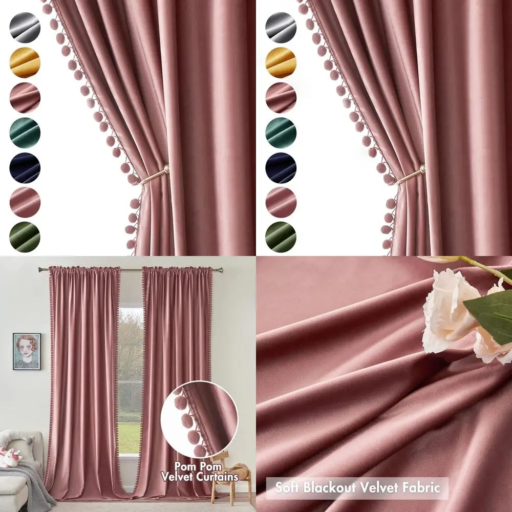 

Thermal Insulated 96 Blackout Velvet Curtains in Dry Rose Pink, Pom Pom Trimmed, for Bedroom, Living Room, Girls' Rooms & Home T