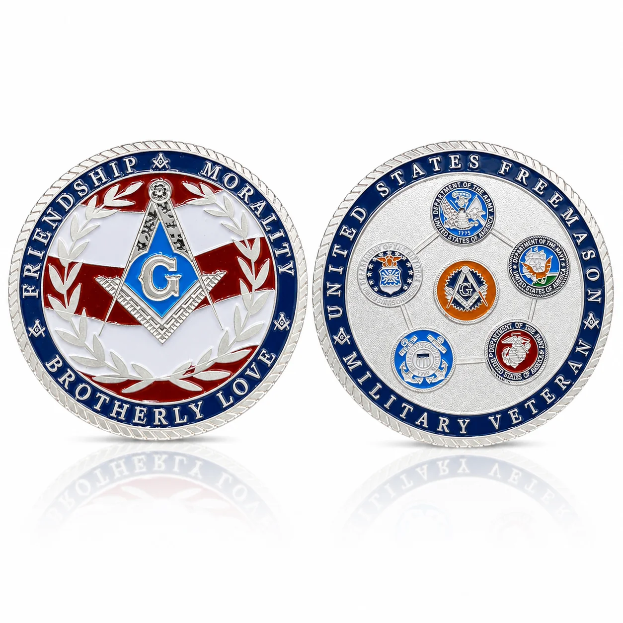 United States Military Veteran Freemason Coin Brotherhood Medal Friendship, Morality, Brotherly Love Challenge Coin