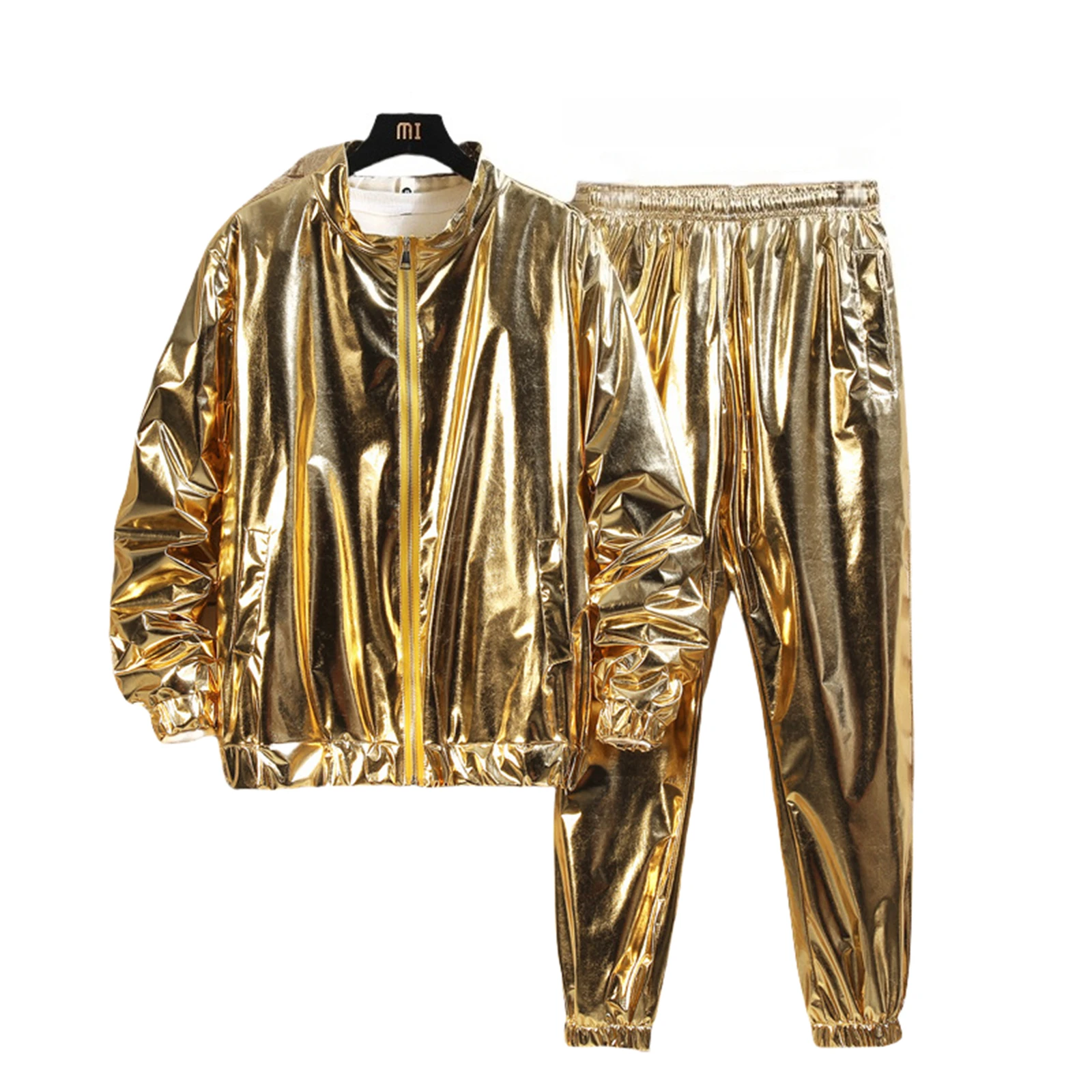 

Shiny Gold Men's Stage Performance Suit Set with Loose Long Sleeve Top and Pants Silver Stylish Casual Outfit Halloween Costume
