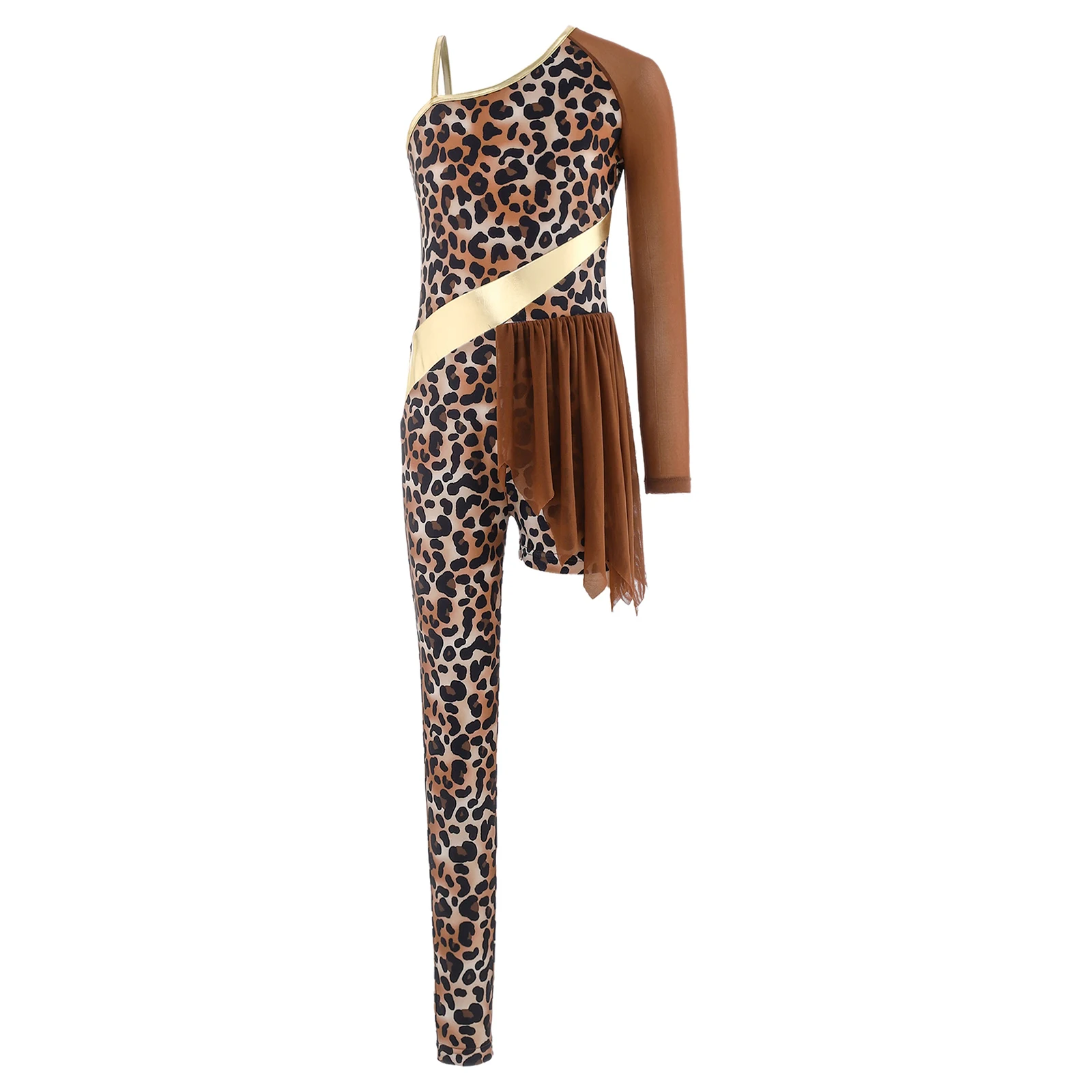 

Kids Girls Leopard Print Cave Costumes Ballet Gymnastics Leotards Dance Asymmetrical Jumpsuit Halloween Themed Party Dancewear