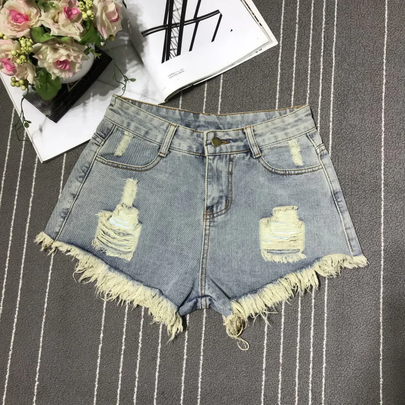 New High Waist Tassel Broken Denim Shorts Female Summer Korean Version Raw Edge Wide Leg Loose Plus Size Jean Shorts Women