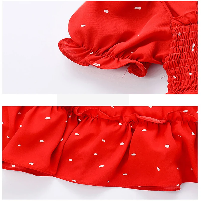 Summer 2024 Girls\' Fashion Baita Red Sweet Print Irregular White Dot Short sleeved Skirt/Chiffon Dress 1-6 Years Old